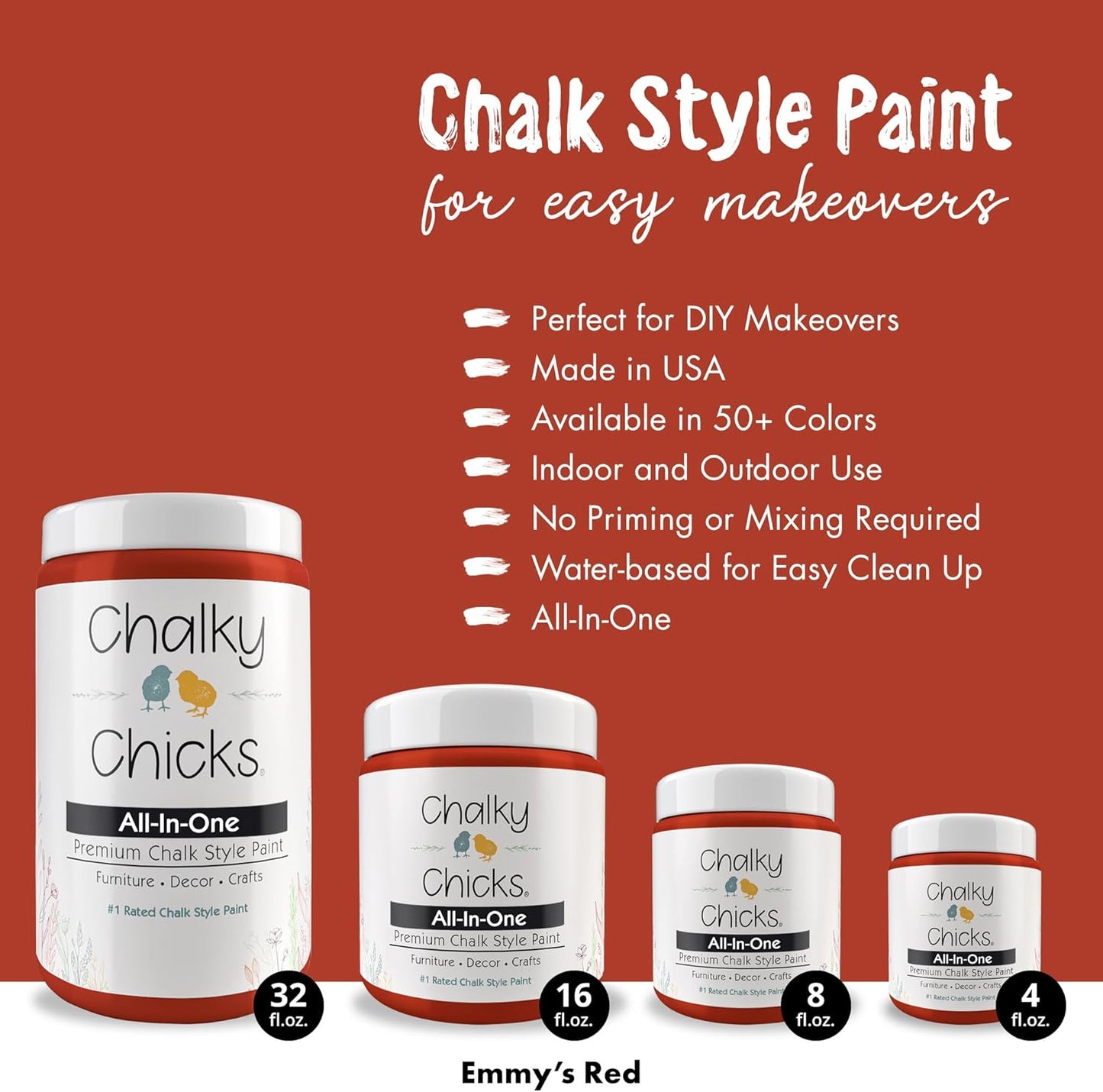 Chalky Chicks All-in-One Chalk Paint for Furniture or Cabinet - 8 Fl Oz - Matte Finish Emmy's Red (Orange Red) for Metal, Wood Furniture Paint - No Sanding All-in-One for Home Decor & Crafts, USA Made