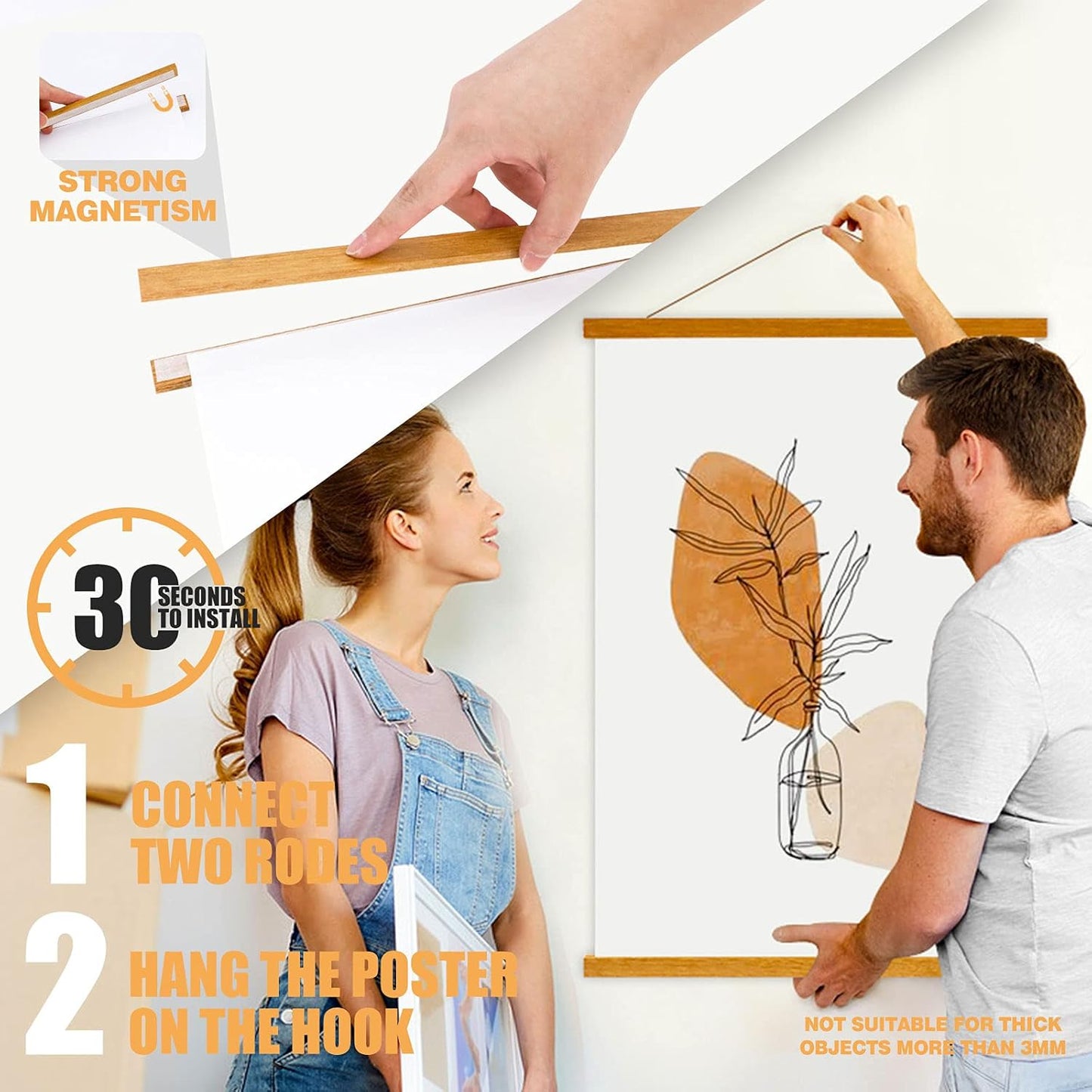 Ywlake Magnetic Poster Hanger, 17x24 17x11 17x22 Poster Frame Wood Wooden Magnet Print Posters Dowel Scroll Hanger Hangers Hanging Kit for Walls Map Canvas Artwork (Teak Wood, 17")