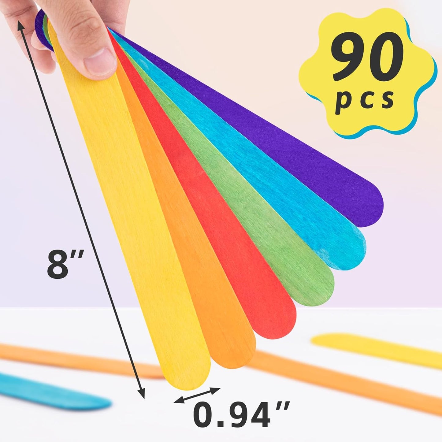 WISYOK 90Pcs 8 Inch Colorful Jumbo Craft Sticks, Large Popsicle Sticks, WaxingSticks, Rainbow Wooden Popsicle Sticks, Paint Stir Sticks Great for DIY Crafts, Plant Labels, and Educational Tools
