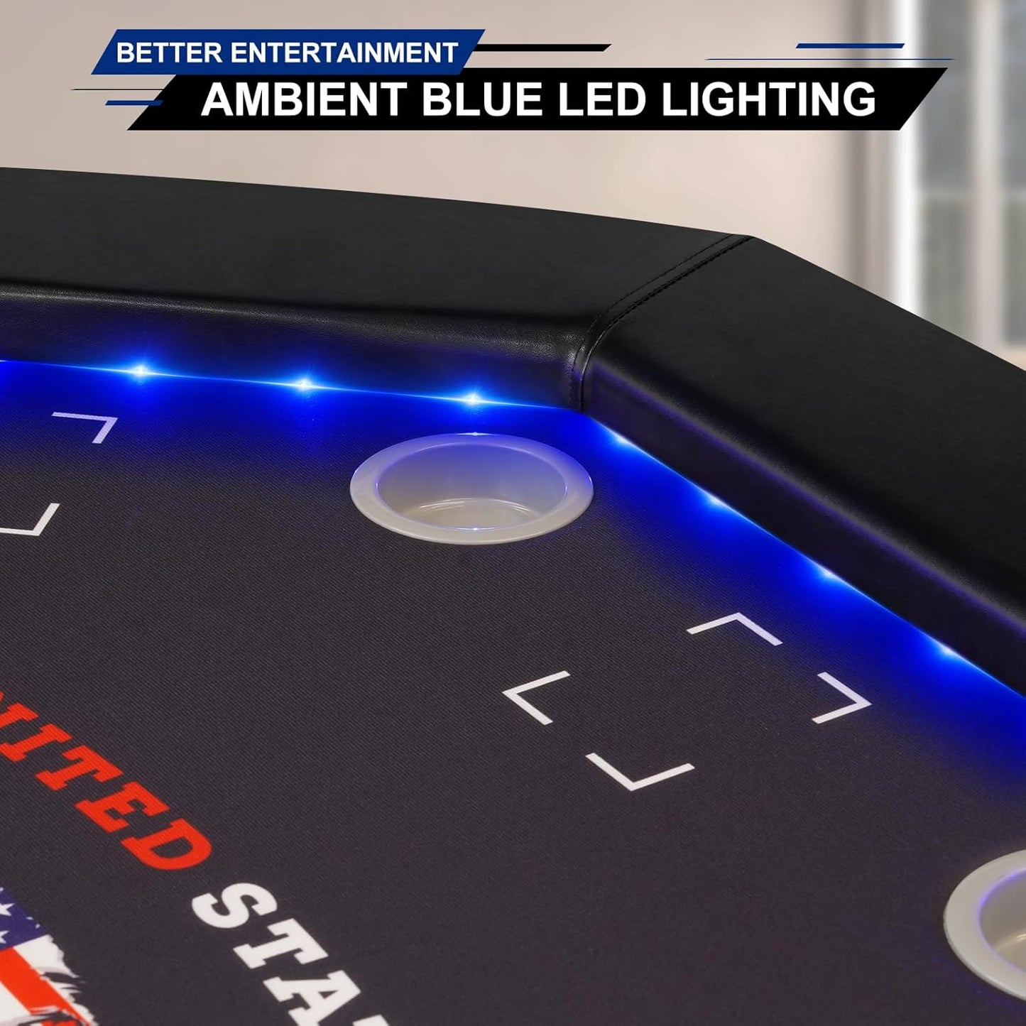LED Poker Table Foldable, Octagon Casino Leisure Gamimg Table for 8 Player, Folding Texas Holdem Blackjack Table w/Built-in LED Light, Padded Rails & Cup Holders for Home Game Room