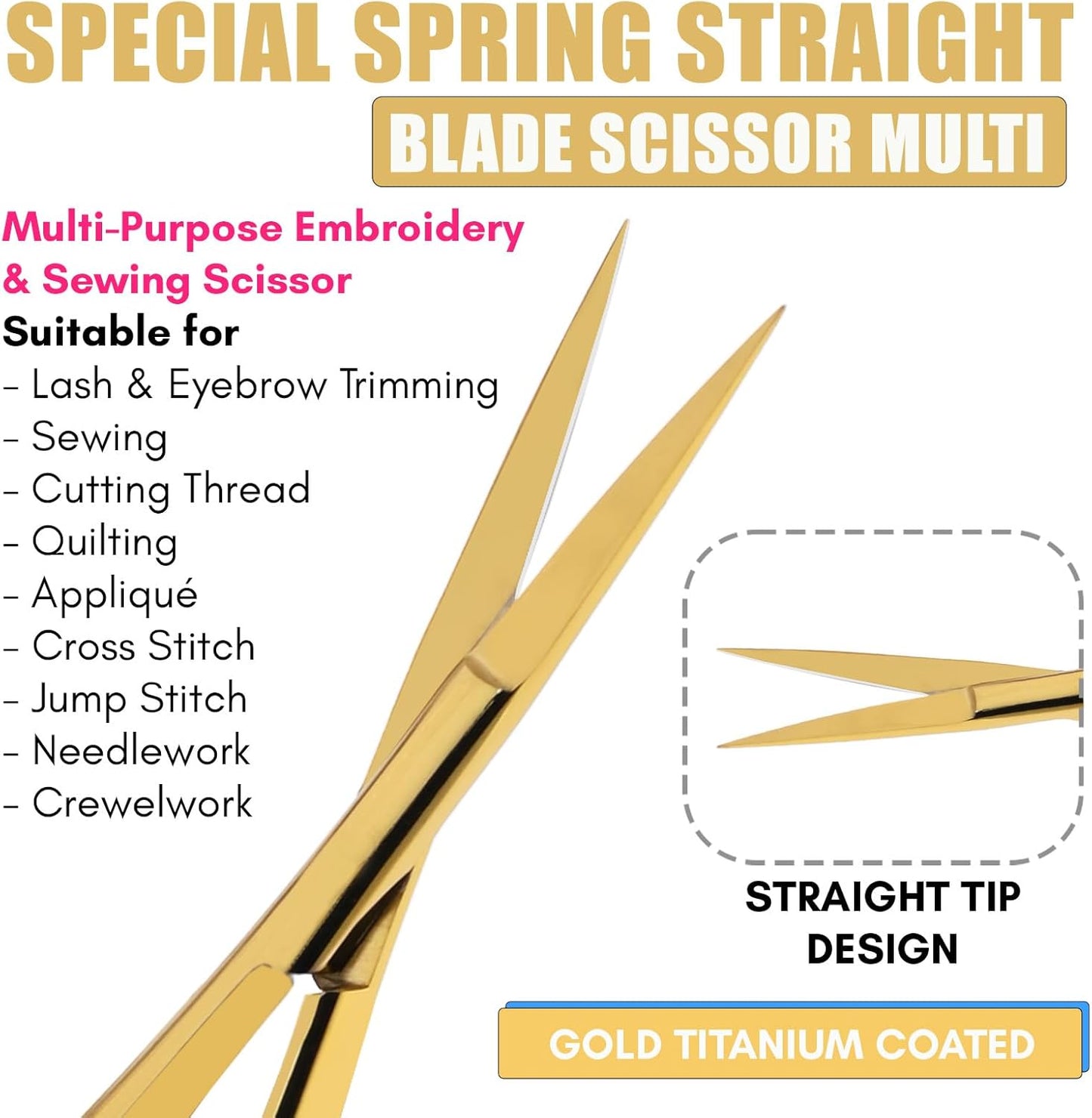 Cross Edge Spring Scissors 5 Inch straight Stainless Steel Precision Eyebrow & Eyelash Shaping & Trimming Scissor, Snips Squeeze, Embroidery, Knitting Micro Tip Craft Scissors (Gold)