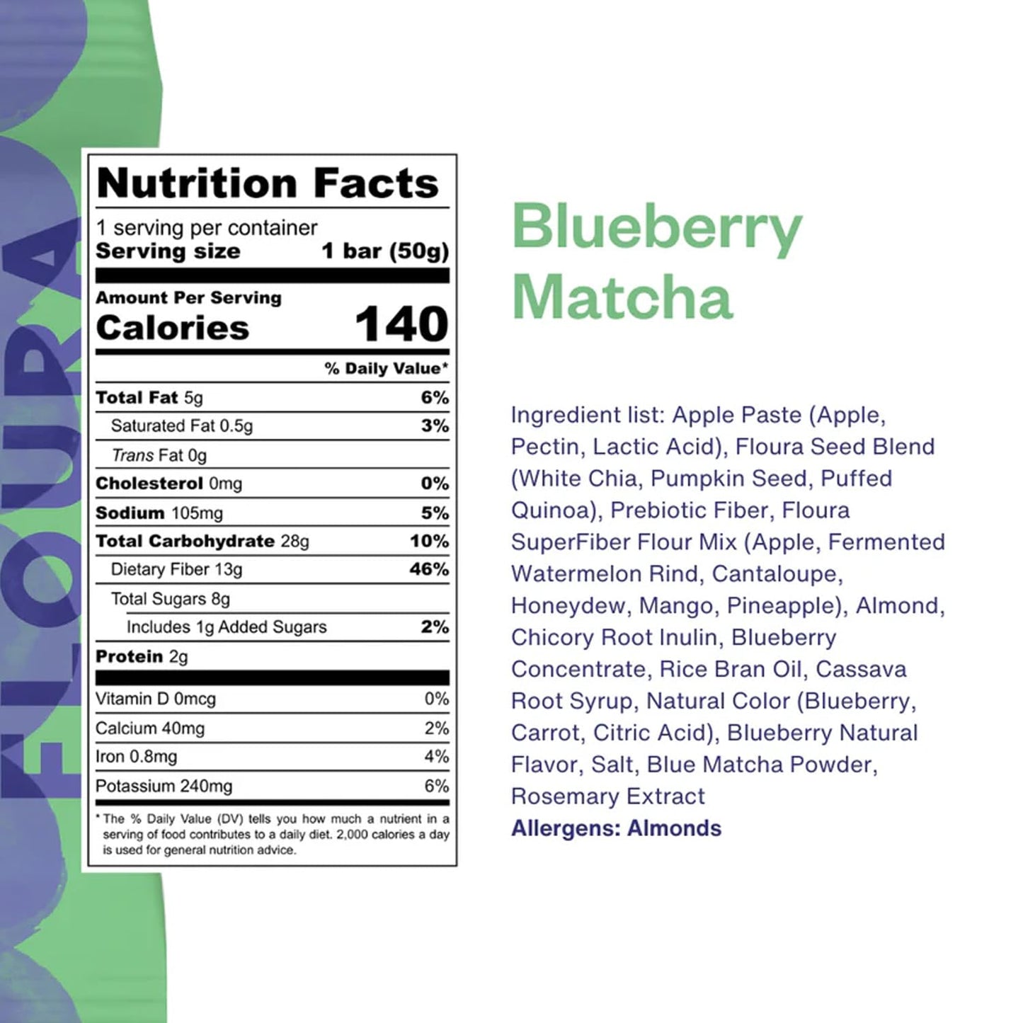 Floura Blueberry Matcha Fruit-Forward Fiber Bars– High Fiber, Vegan, Gluten & Dairy Free, Low Calorie Healthy Snack Bars with Upcycled Produce for Gut Health [10 Pack]