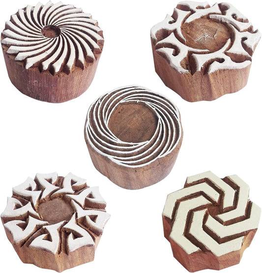Royal Kraft Round Wooden Printing Stamps (Set of 5) - DIY Henna Fabric Textile Paper Clay Pottery Blocks Htag2210