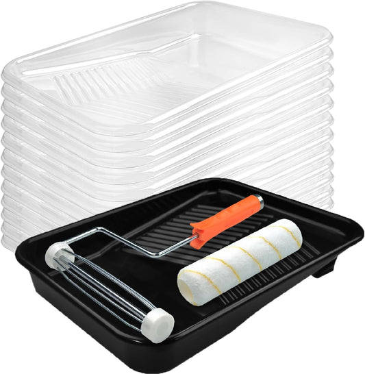Great Andrew 9 Inch Paint Tray Set, 15-Pack, Plastic Paint Tray with 12 Textured Tray Liners, Paint Roller Liners Kit with Roller and Wire Roller Frame for Painting Walls, Ceilings, Trim, Siding