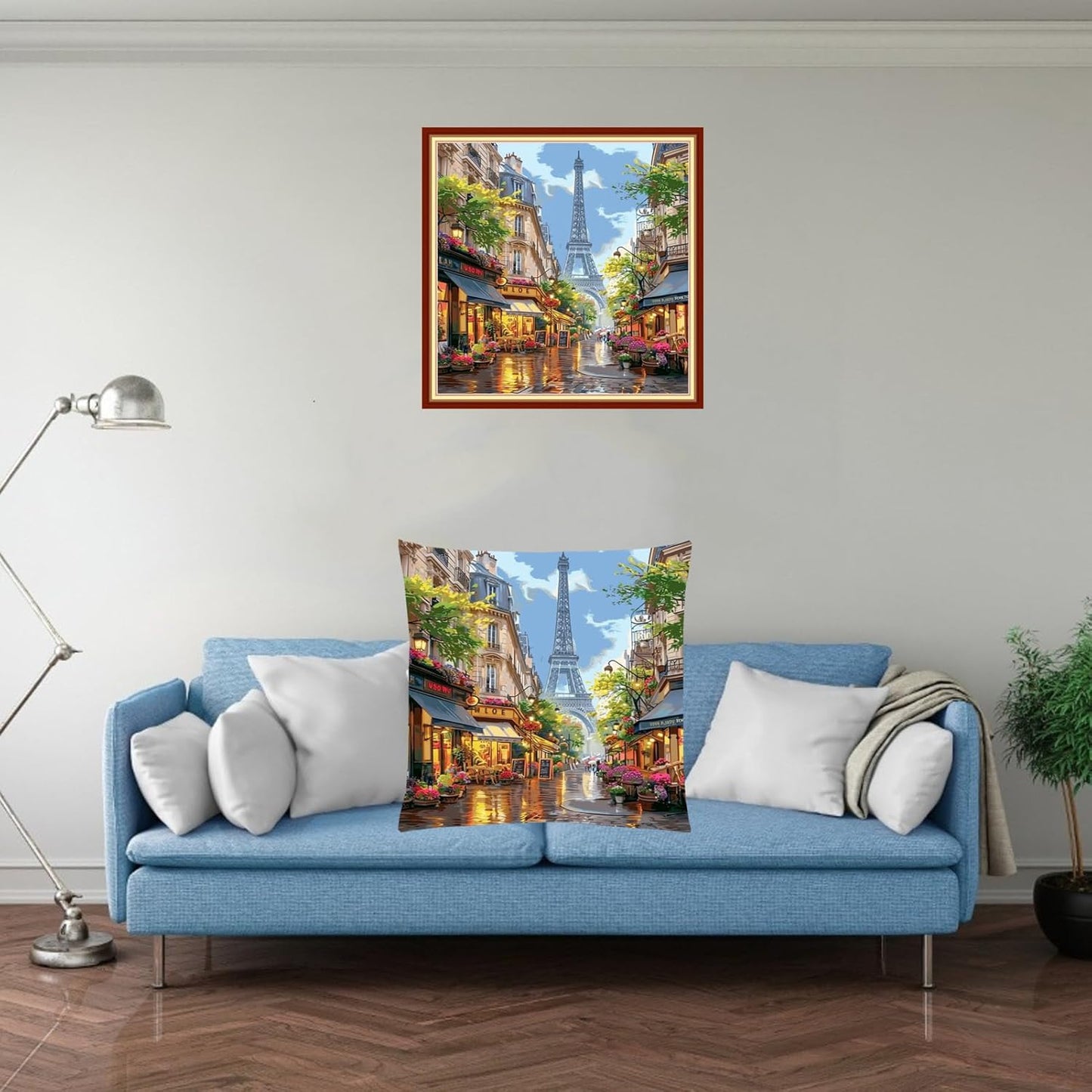 Stamped Cross Stitch Kits for Adults Beginners Pillow Needlepoint Kit with Embroidery Pattern Needlework Kit Prestamped Stitches Kit 11CT Cross Stitching-Eiffel Tower Street 18x18 inch