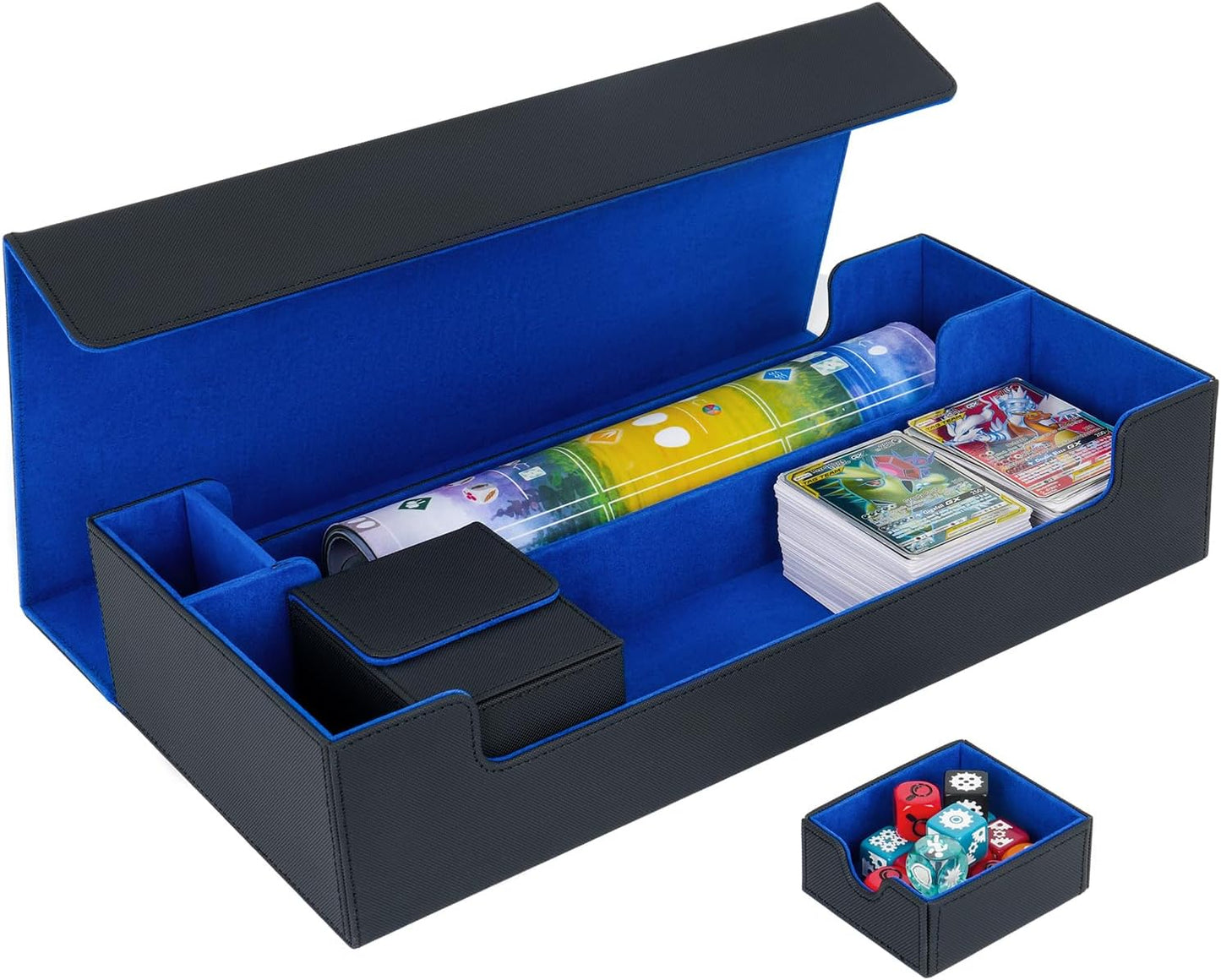 Card Deck Box,X-Large Premium Trading Card Storage Case with Mat and Dice Compartment,Magnetic Game Deck Display Case Compatible with MTG/TCG/Yugioh/Magic/Commander(Black＆Blue)