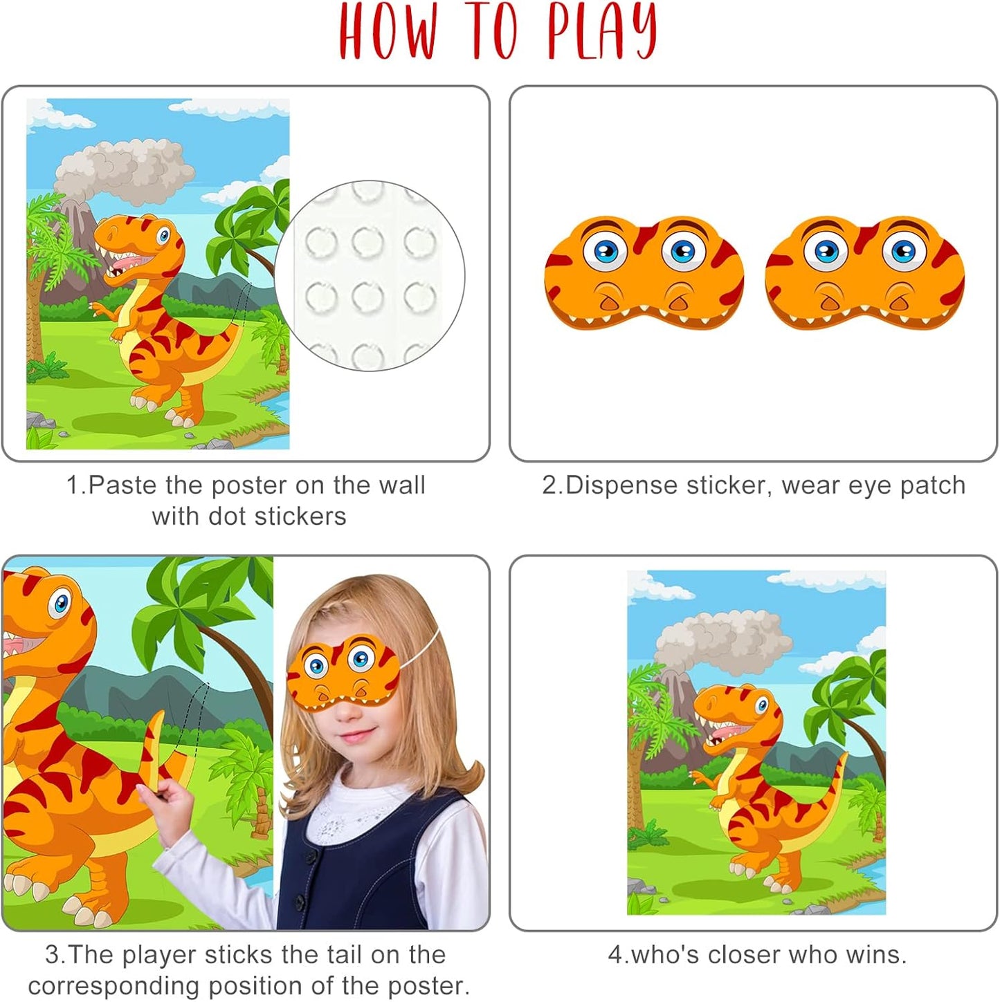 ASTARON Pin The Tail on The Dinosaur Party Game with 30 Tail Stickers for Dinosaur Birthday Party Supplies Pin Game, Boys Party Dinosaur Favors Decorations for Christmas