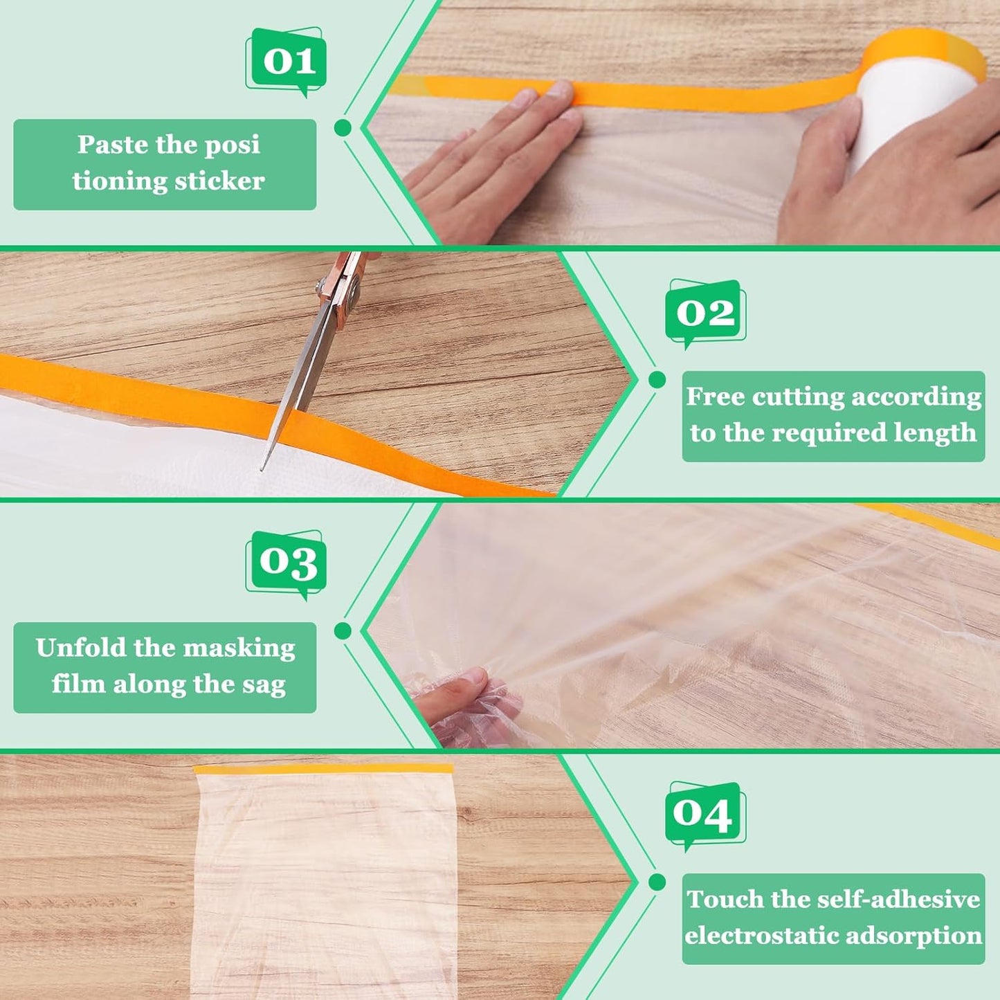 4 Pack Tape and Drape, 3 Sizes Pre-Taped Masking Film for Auto Painting Covering, 65.6 Ft/Pack Plastic Pre-Adhesived Dust Paint Protective Drop Film for Furniture, Car, Floor