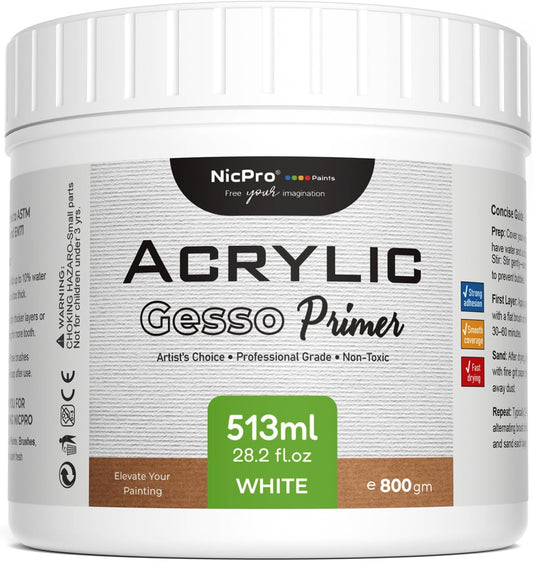 Nicpro White Gesso Primer for Acrylic Painting(28.2 Oz / 513ML), Excellent Coverage, Gesso Surface Prep Medium for Acrylic Paint & Oil Paint, Heavy Gesso Primer for Canvas, Wood, Paper, Plastic