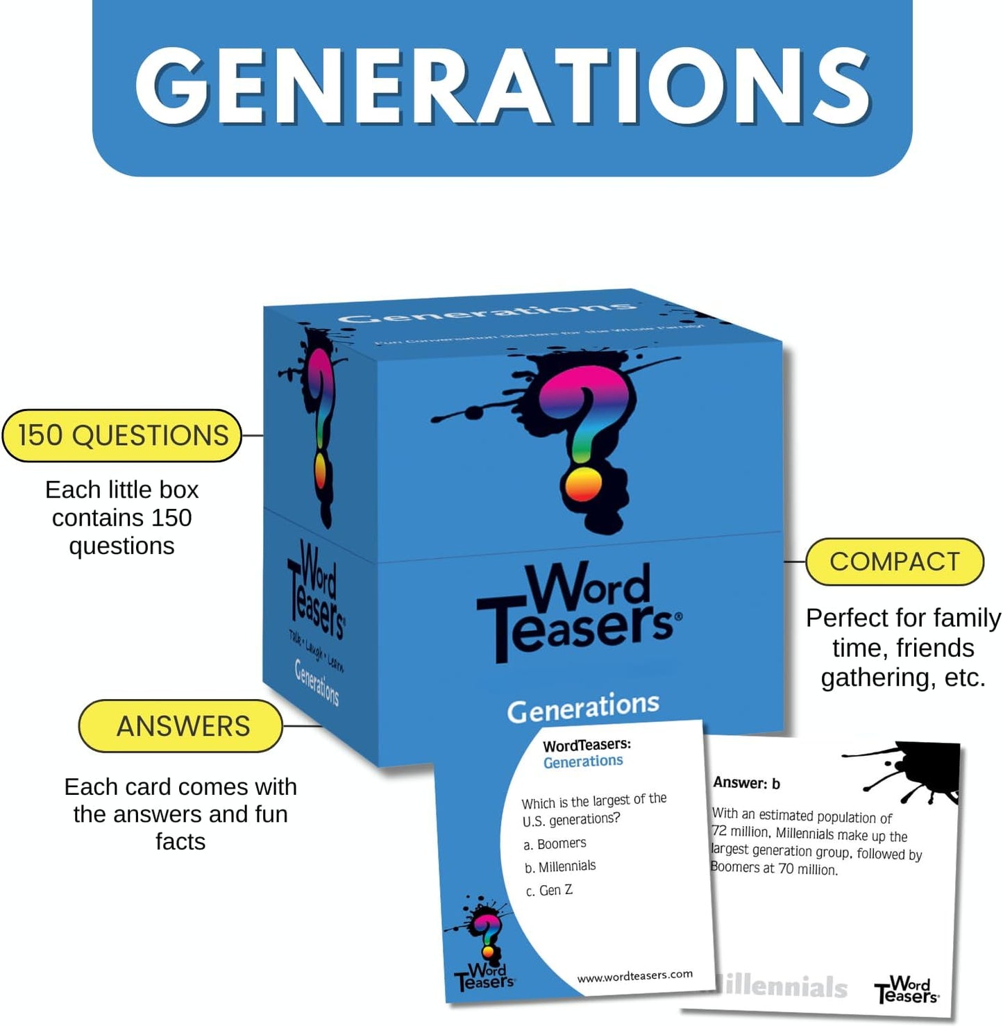 ? WORD TEASERS Generations - Trivia Game for Family Game Night - Fun & Funny Trivia Card Game for Millennials & Boomers - Family Party Game - 150 Trivia Cards for Adults & Kids