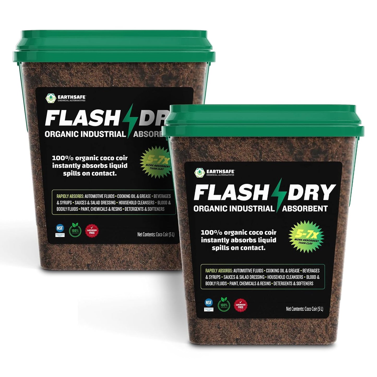 FlashDry All Purpose Organic Industrial Absorbent - 5 Liter Bucket, Case of 2- Instantly Absorbs Liquid Spills - Safer and 5-7x More Absorbent Than Clay - Lightweight & Refillable - OSHA Compliant