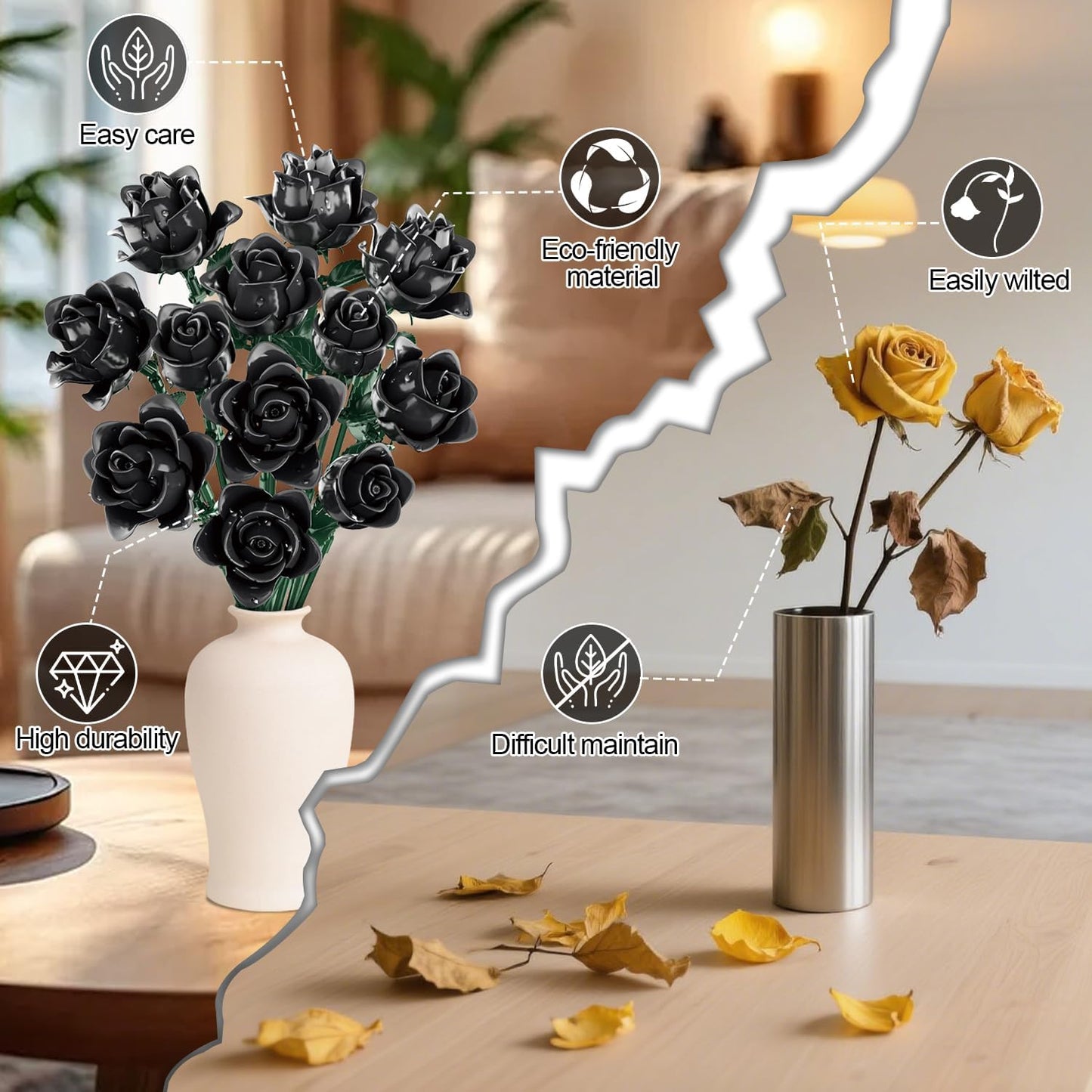 Black Roses Flower Building Set-12Pack, Compatible with Lego Bouquet for Adults,Gothic Horror Flowers Botanical, Gift for Halloween & Valentines Compatible with Lego Roses(585pcs)