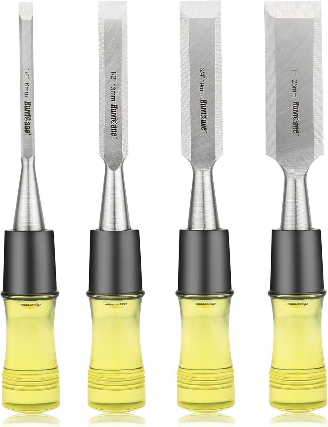 HURRICANE 4 Piece Wood Chisel Set for Woodworking. CR-V Steel Beveled Edge Blades with Safety Caps. Durable PVC High Impact Handle, for Precision Carving & DIY Projects (1/4", 1/2", 3/4", 1")