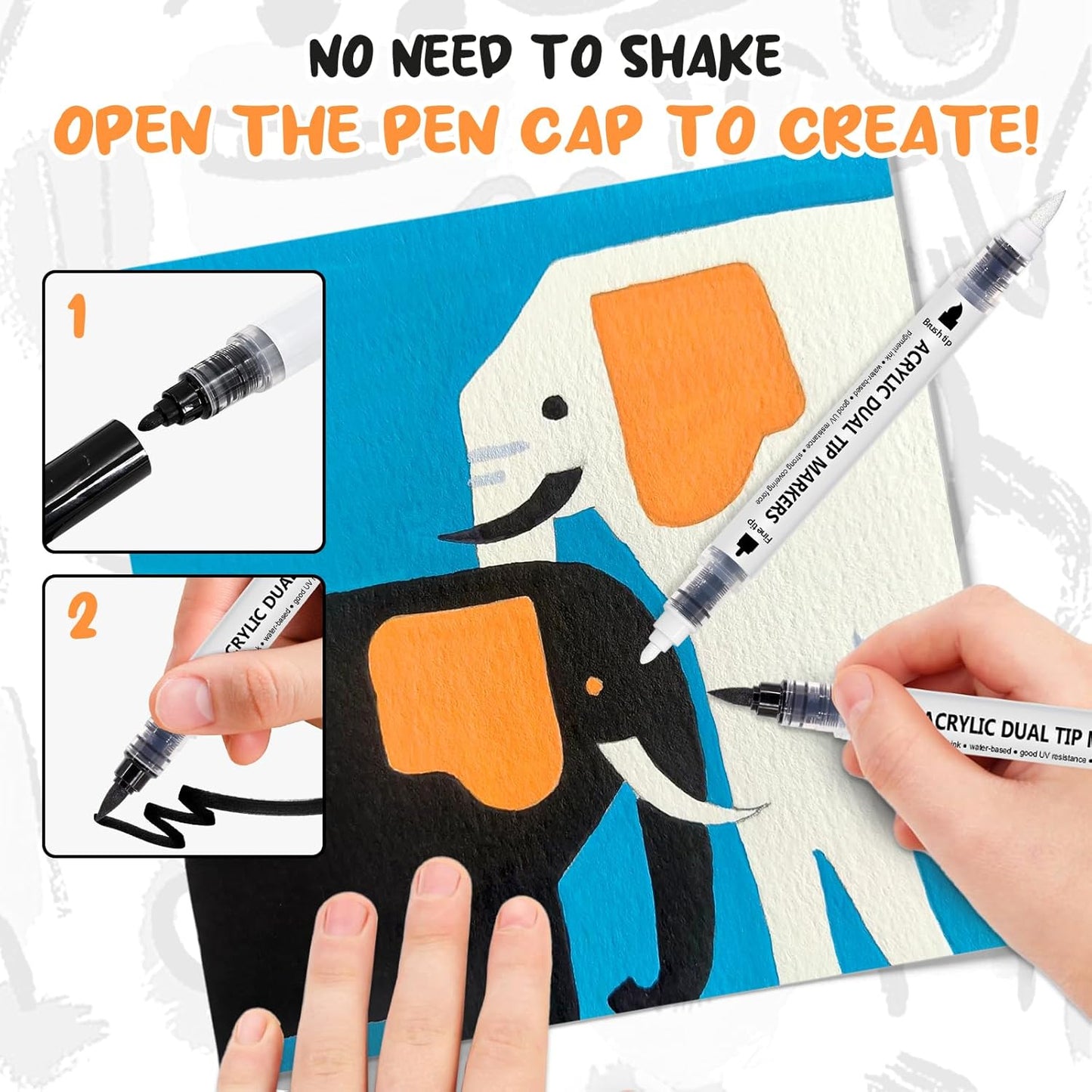 Black White Acrylic Paint Pen Brush, 6PCS Dual Tip Automatic Ink-control Acrylic Markers for Rocks, Metal, Glass, Wood, Fabric, Porcelain, Ceramic