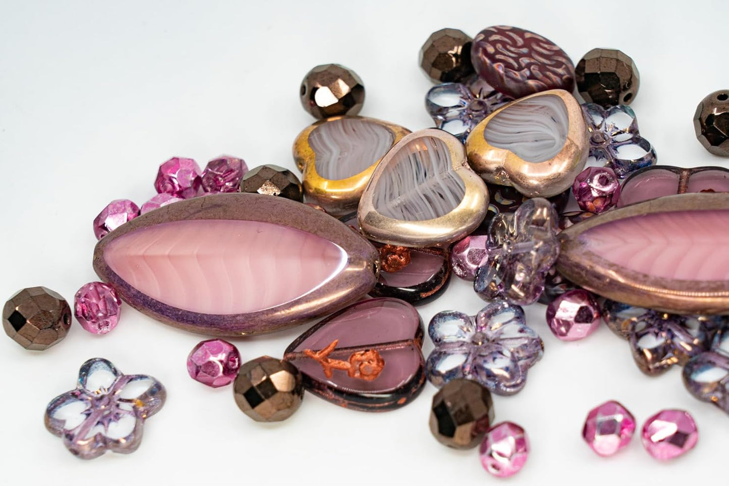 45+ pcs (2.1oz=60g) of Focal Glass Bead Mix with Table-Cut Flower and Butterfly Beads, PG Pink Purple