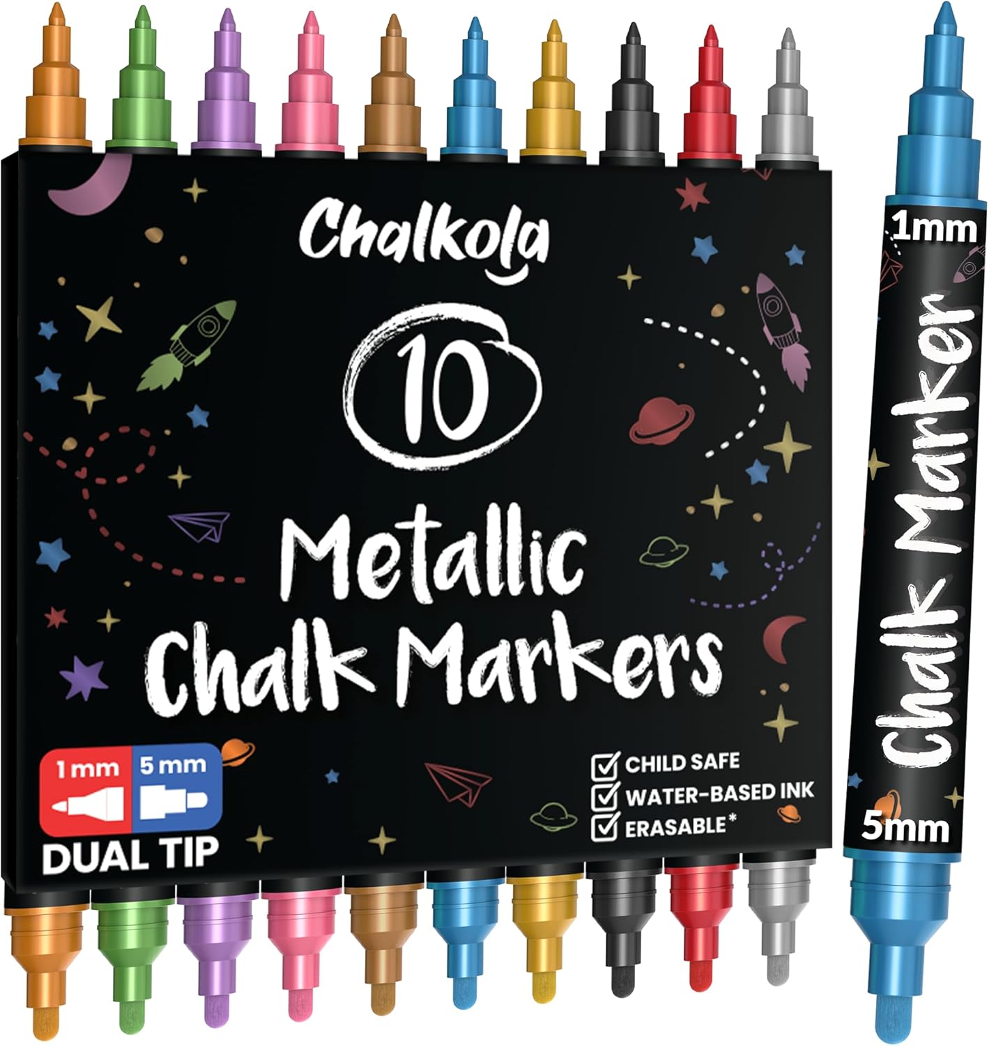 Chalkola Dual Tip Liquid Chalk Markers for Blackboard (10 Metallic Colors, 1mm+5mm Fine, Bold) - Dry Erase Marker Pens for Chalkboards Signs, Car Windows, Glass, Mirrors - Erasable Chalkboard Markers
