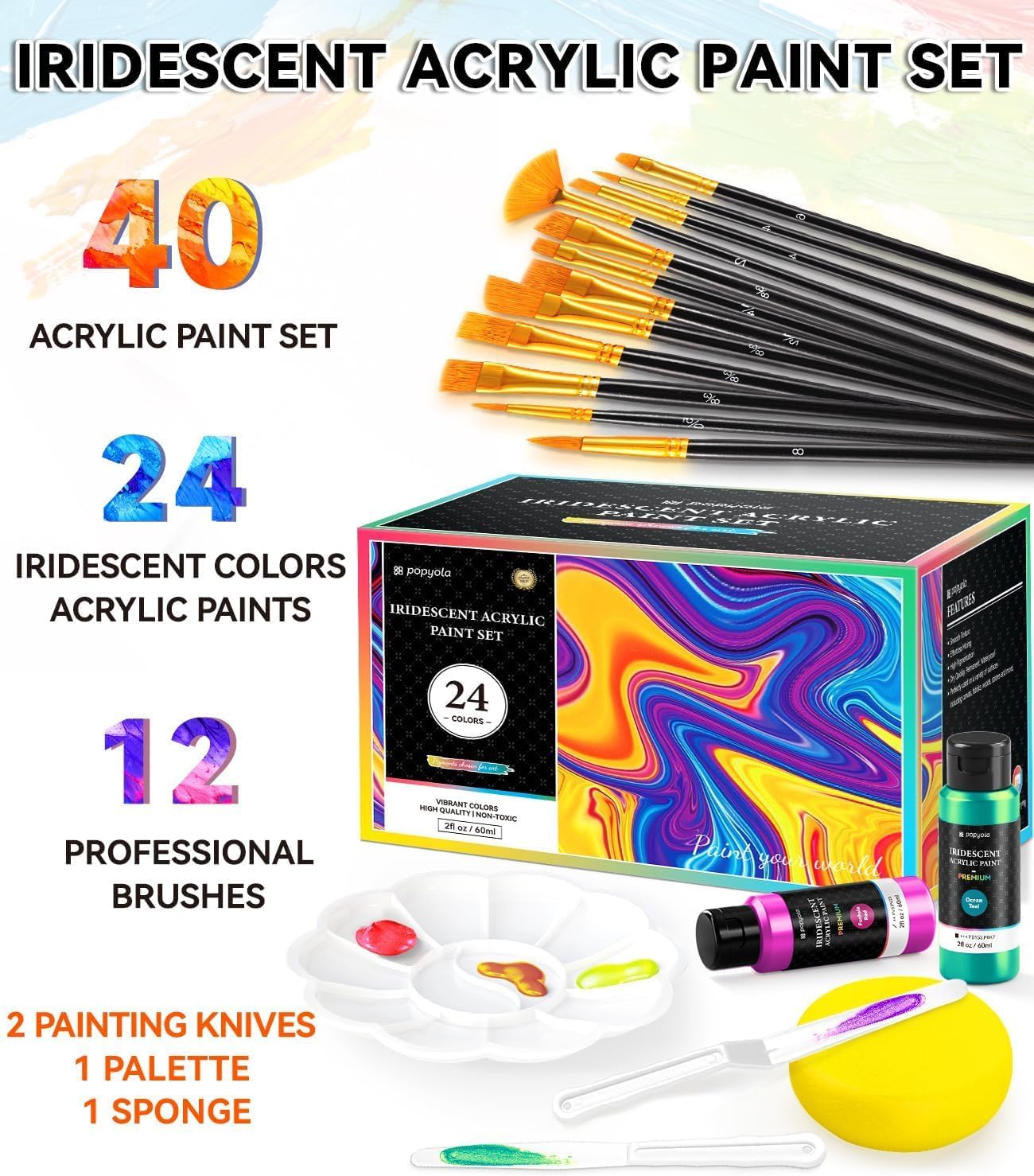 40 PCS Iridescent Acrylic Paint Set with 12 Brushes, 2 Knives & Palette, 24 Colors (2oz/60ml) Art Craft Paint for Adults Kids Artists Beginners, Halloween Pumpkin Canvas Ceramic Rock Painting Kit