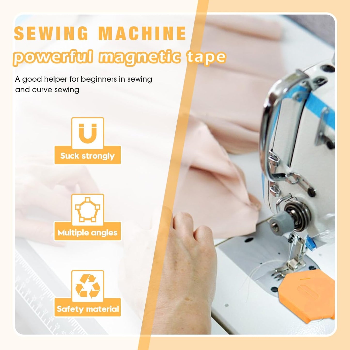 Pcmursal 4 Pieces Magnetic Seam Guide for Sewing Machine, Upgraded Multi-Purpose Tool Polygonal Magnetic Seam Guide with Scale, Sewing Supplies and Accessories (Orange)