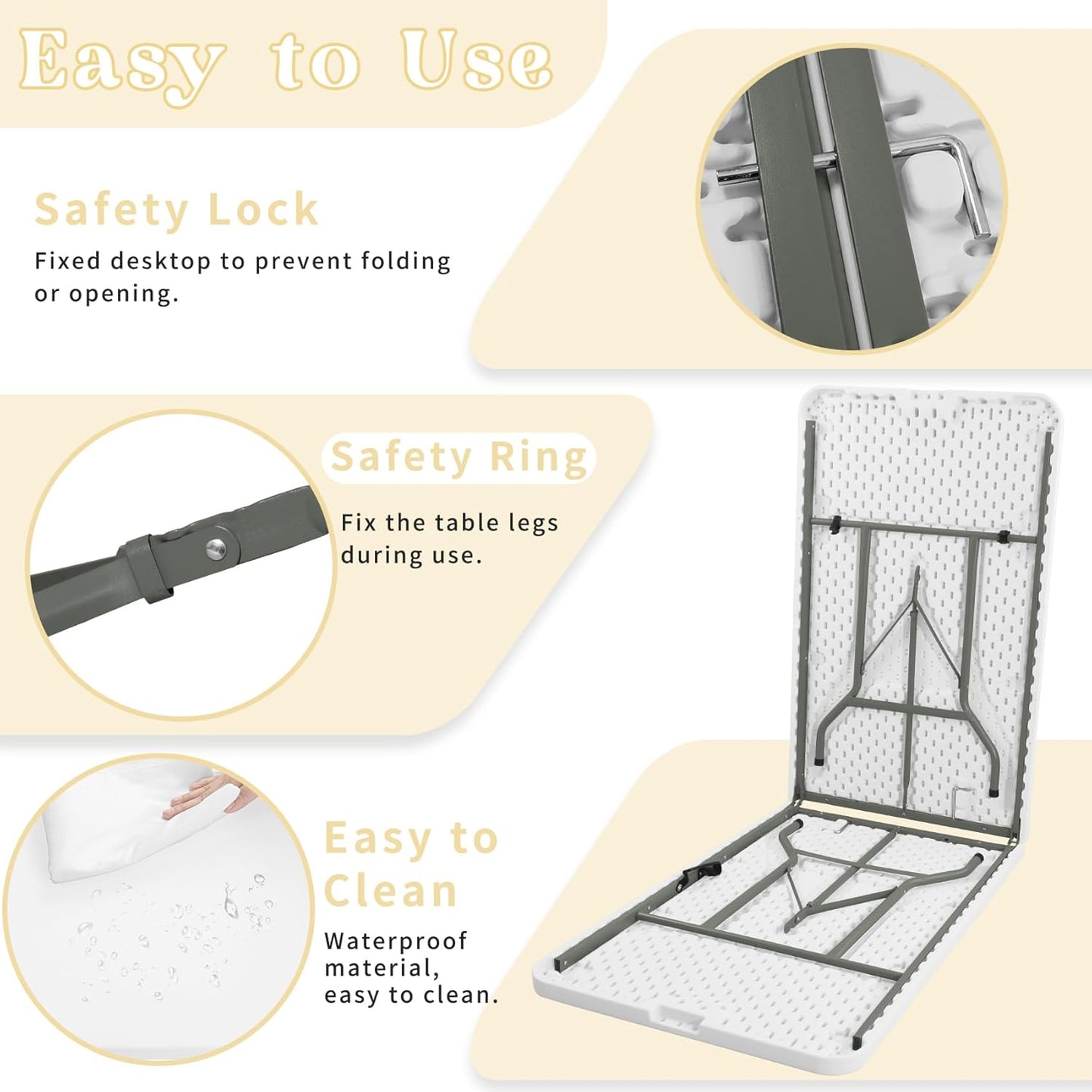 HAISIWLKJ Folding Table 8 FT Camping Table Portable Heavy Duty Plastic Rectangular Outdoor Dining Table Steel Legs Fold-in-Half with Carrying Handle for Indoor,Picnic,Party,Wedding,Events(White)