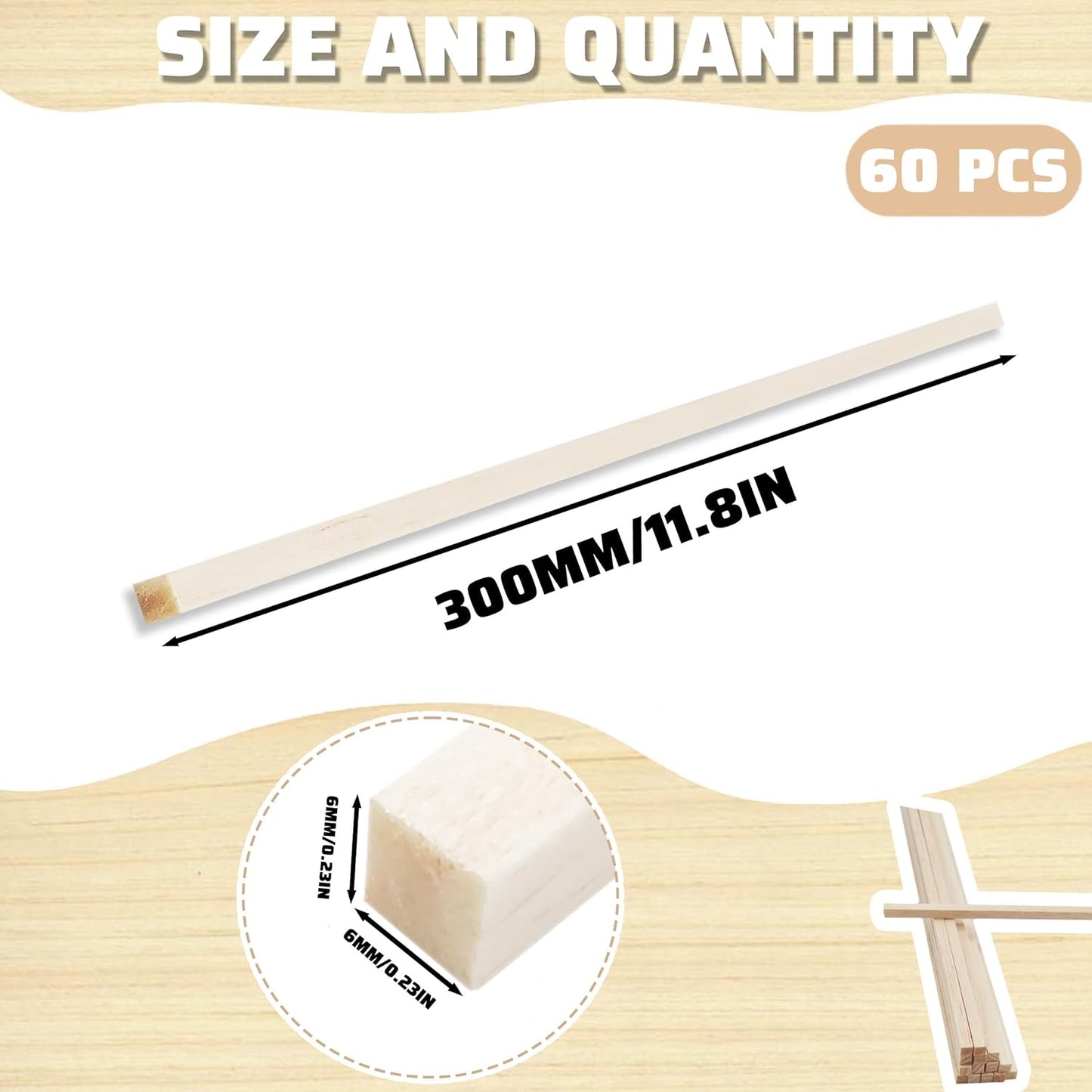 60Pcs Balsa Wood Square Dowels 1/4 x 1/4 x 12 inch ，DIY Balsa Wood Sticks for Crafts Model Making (1/4"x12"-60pcs)
