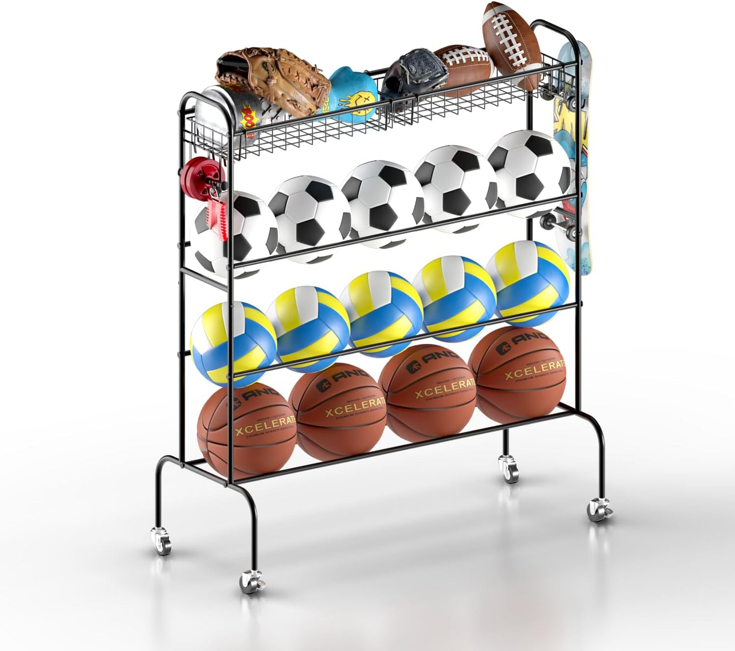 Ball Storage - 22.83" Basketball Cart With Wheels Garage Volleyball Storage Sport Equipment Holder Organizer For Indoor Outdoor,Metal Storage Rack For Playgroup,Gym And School