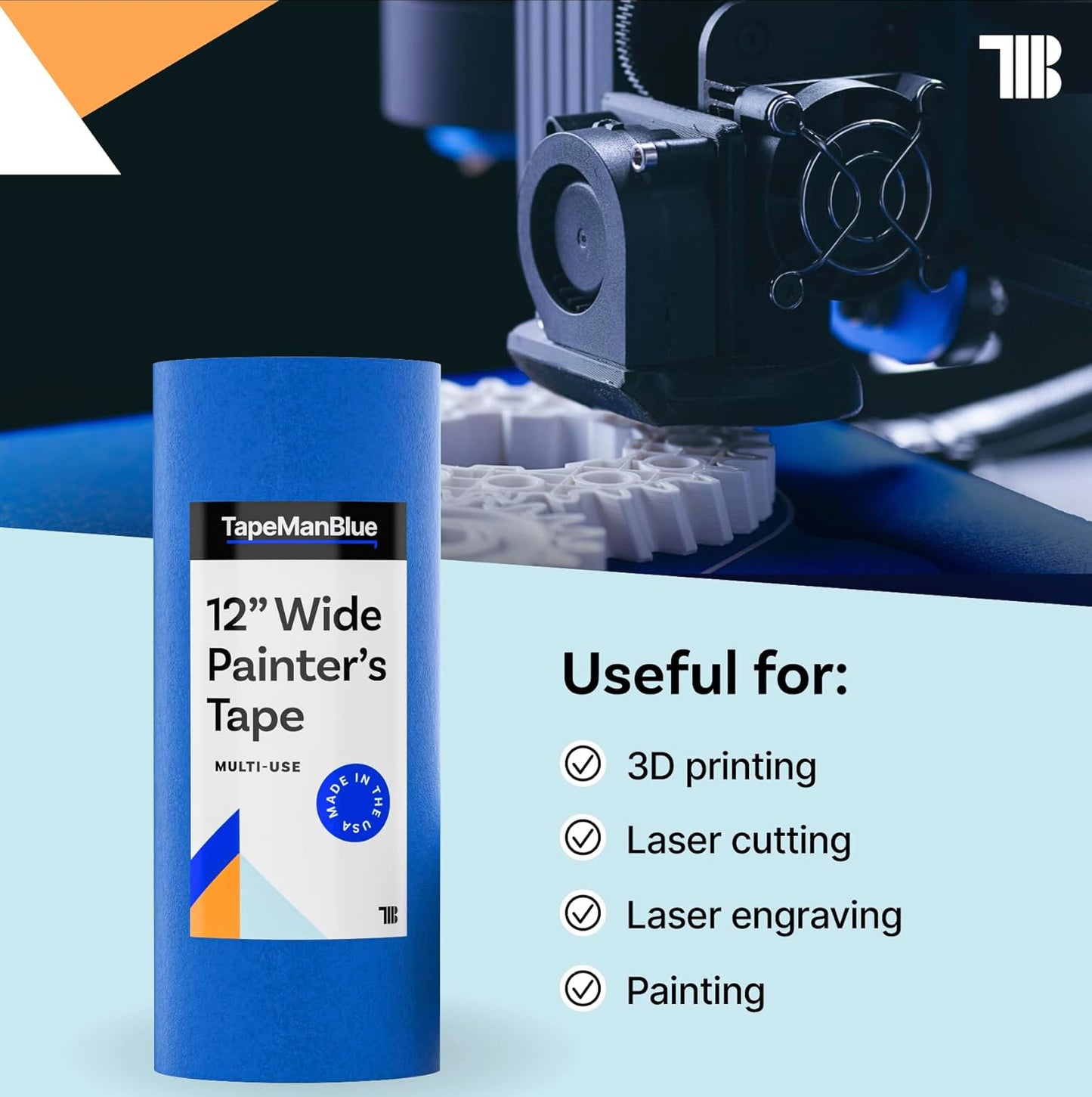 Wide Blue Painters Tape, 12 inch x 60 yds, Made in America, Great Masking Tape for 3D Printing and Laser Cutting, Removes Cleanly for 21 Days