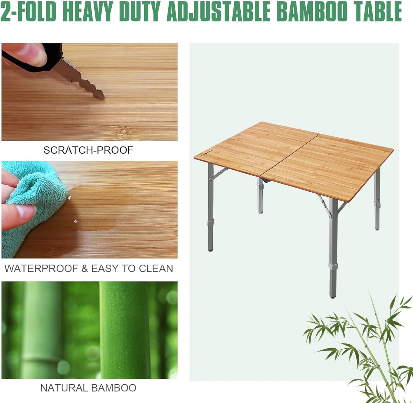 Bamboo Folding Camping Table 2-Folds with Adjustable Aluminum Legs Portable Picnic Table with Carry Bag for Outdoor Hiking Beach 2-4 Person