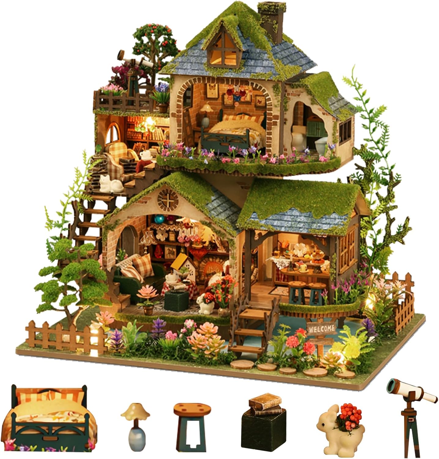 DIY Miniature House Kit, Mini House Building Kit with LED, DIY Miniature Kit for Adults Teen, Dollhouse Kit, Forest Adventure