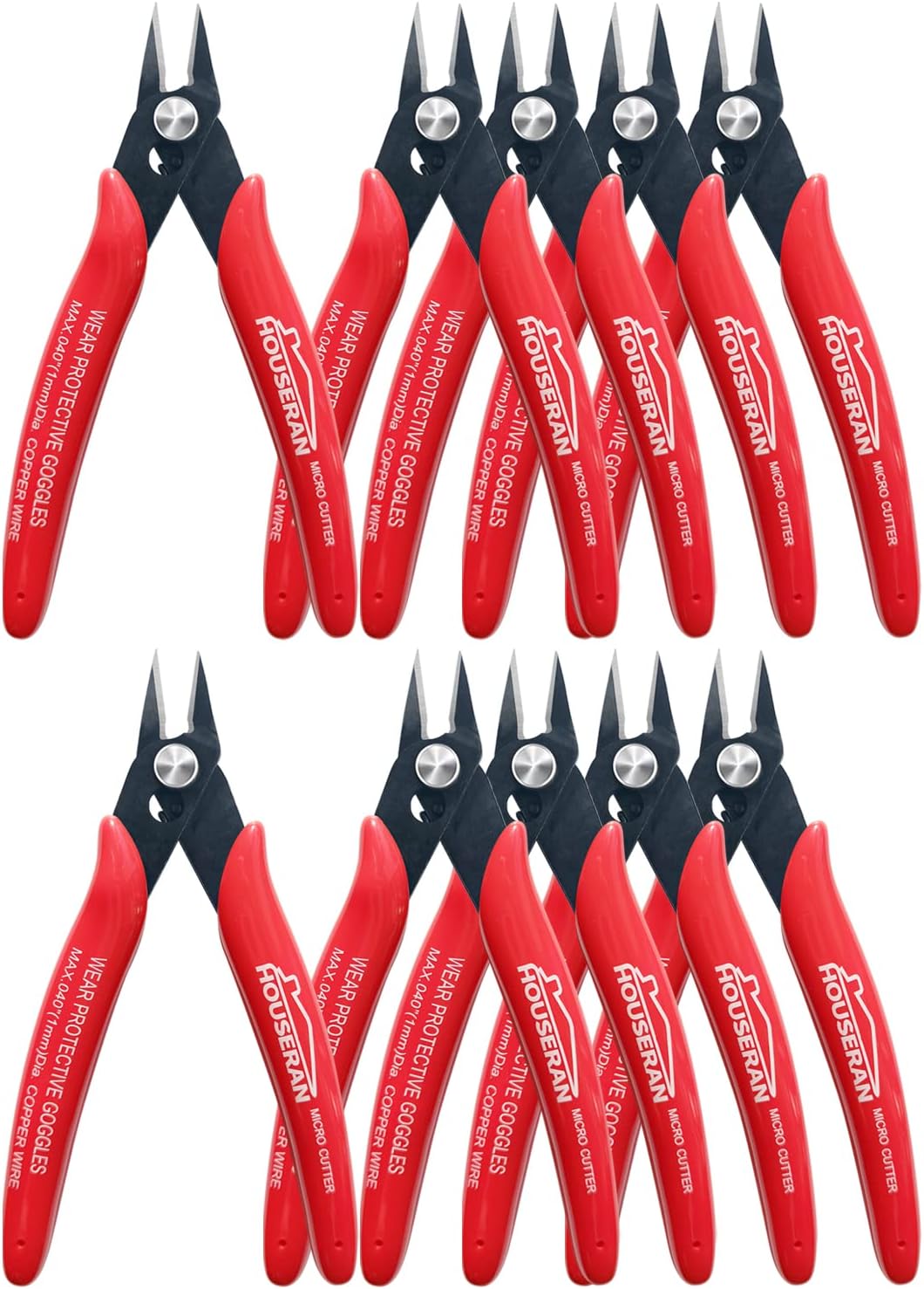 170 Wire Cutters, 10 PACK, 5 Inch Micro Flush Cutter, HOUSERAN Small Wire Cutters Spring Loaded Cutting Pliers, Side Cutters, Diagoanl Cutters for Jewelry Making, Models, Zip Ties Plastic Wire Snips