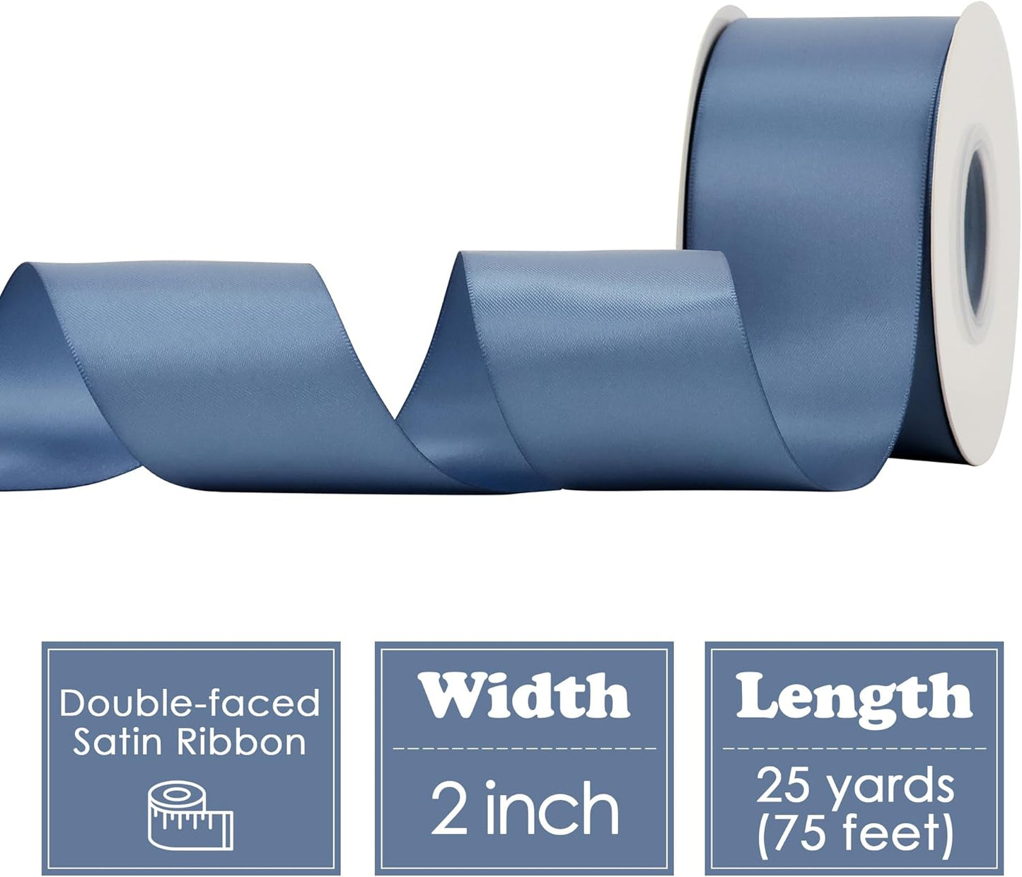 HUIHUANG Smoke Blue Ribbon 2 inch Wide Double-Faced Blue Satin Ribbon for Crafts, Bows Making, Flower Bouquet Wrap, Gift Wrapping, Wedding Bridal Shower Decor, Home Decor -25 Yards/Roll