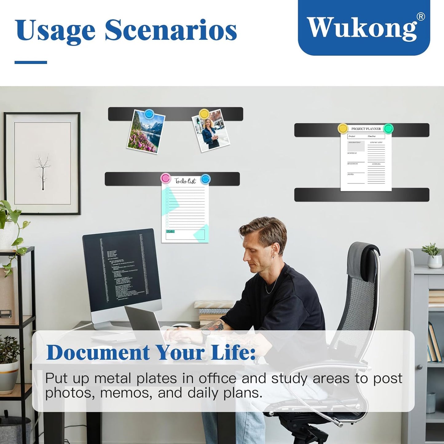 Wukong 10 Pack | 30x3cm(11.81 x 1.18) Magnetic Stainless Black Boards Strips, Adhesive Backing Bulletin Bar Board, Memo Board with 32Pcs Colorful Magnets for Office, Home, Photo Wall, Documents