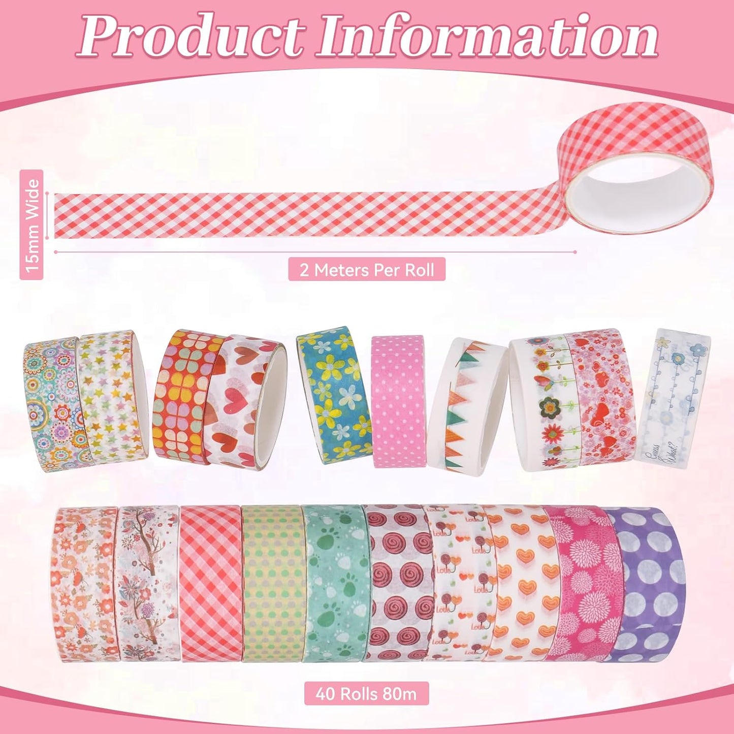 Washi Tape Set - 40 Rolls of 1.5cm Wide Decorative and Craft Tape for Scrapbooking and Bullet Journal Supplies