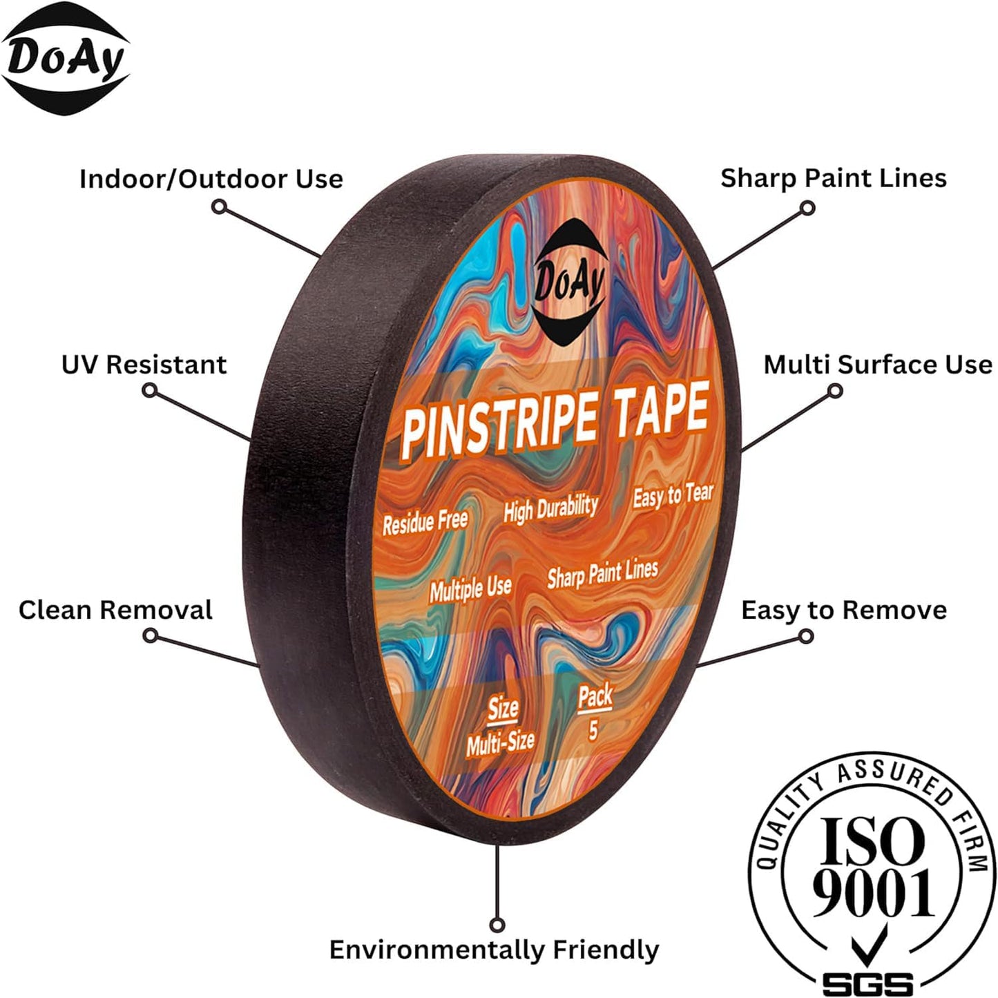 5 Rolls Pinstripe Tape - Masking Tape 1/16", 1/8", 1/4", 1/2", 3/4" - Thin Painters Masking Automotive Tape for DIY, Car, Auto, Paint, Art, Tumblers (Black)