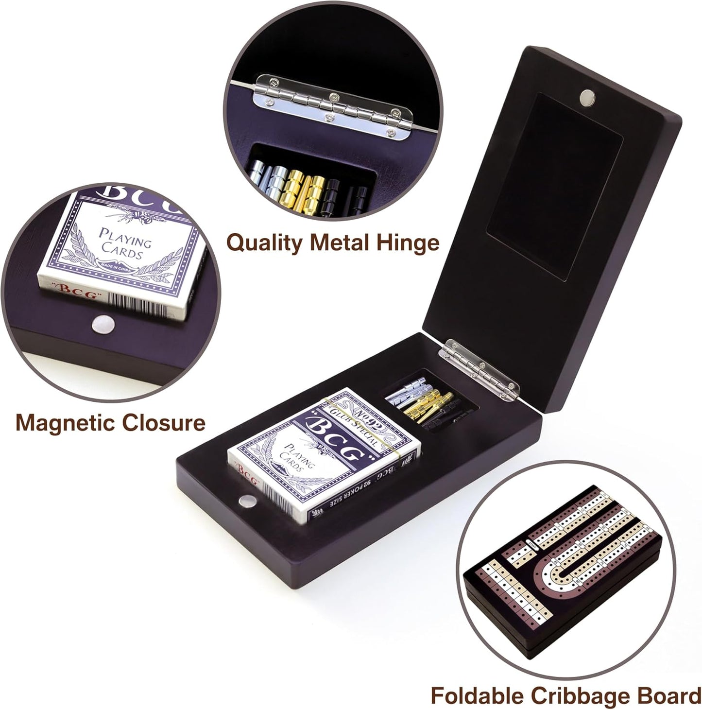 Cribbage Board Game Set - Wooden Foldable 3-Track Board with Magnetic Closure, 9 Metal Pegs, Playing Cards, Portable Family Travel Game for Gatherings and Gifts