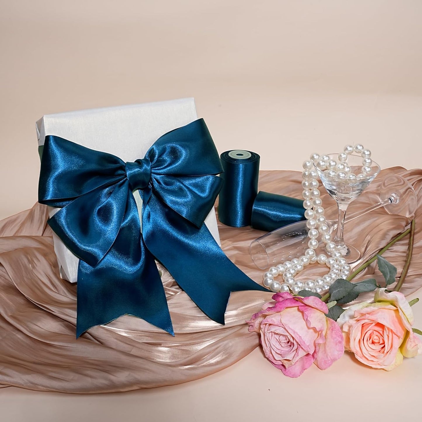 LaRibbons Navy Satin Ribbon 4 Inch 10 Yards Double Faced Luxury Dark Blue Silk Ribbon for Gift Wrapping Flower Bouquets Bow Christmas Wedding Party Decoration