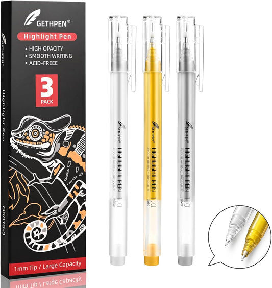 3 Colors Gel Pen Set – White, Gold & Silver 1.0mm Fine Point Gel Ink Pens for Artists, Black Paper Drawing, Bullet Journaling & Holiday Crafts – Opaque Archival Ink, 3-Pack
