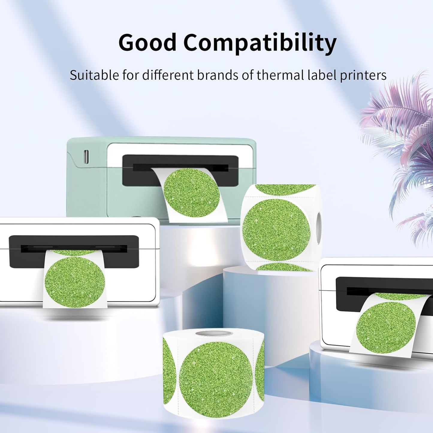 3" Holographic Thermal Label Stickers, Round Direct Thermal Label Stickers, Glitter Thermal Printer Sticker Labels for Gift Wrapping, Self-Adhesive Custom Logo Design- Glitter Green