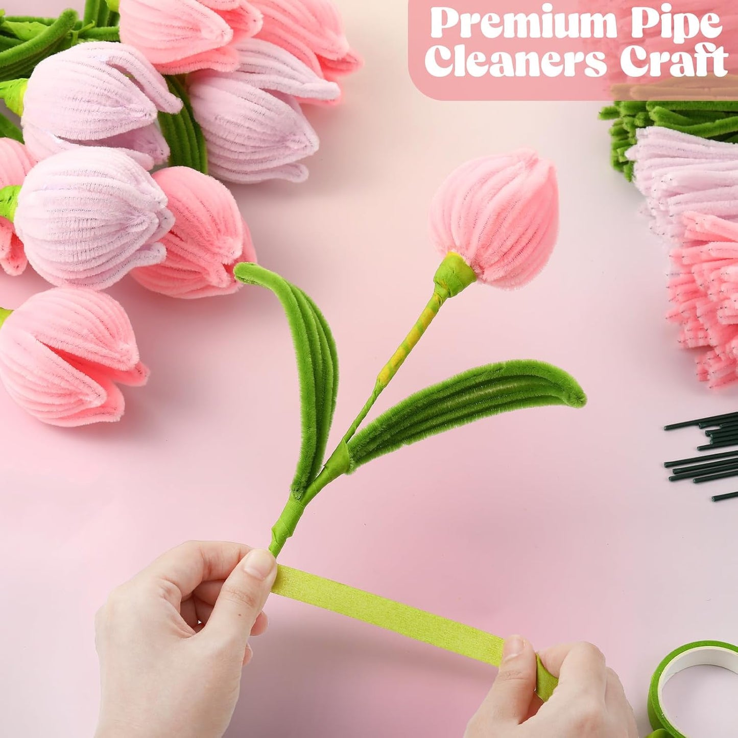 HairChrysm 250Pcs Pipe Cleaners Craft with 20Pcs 11.8in Flower Stems,100Pcs Flower Stamens,2Pcs Floral Tape,1 Roll Ribbon for DIY Pipe Cleaner Flowers