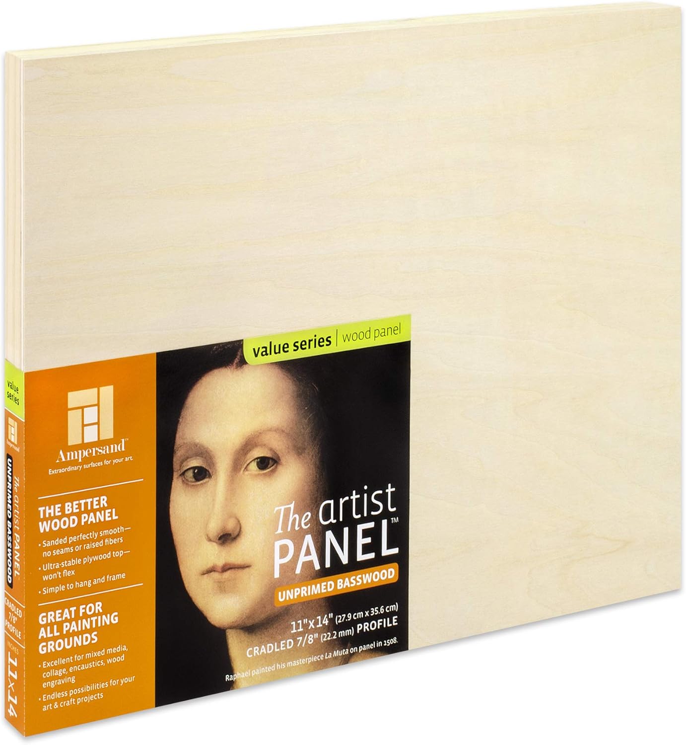 Ampersand Art Supply Unprimed Basswood Artist Panel, 7/8" Cradled Profile, 11 x14
