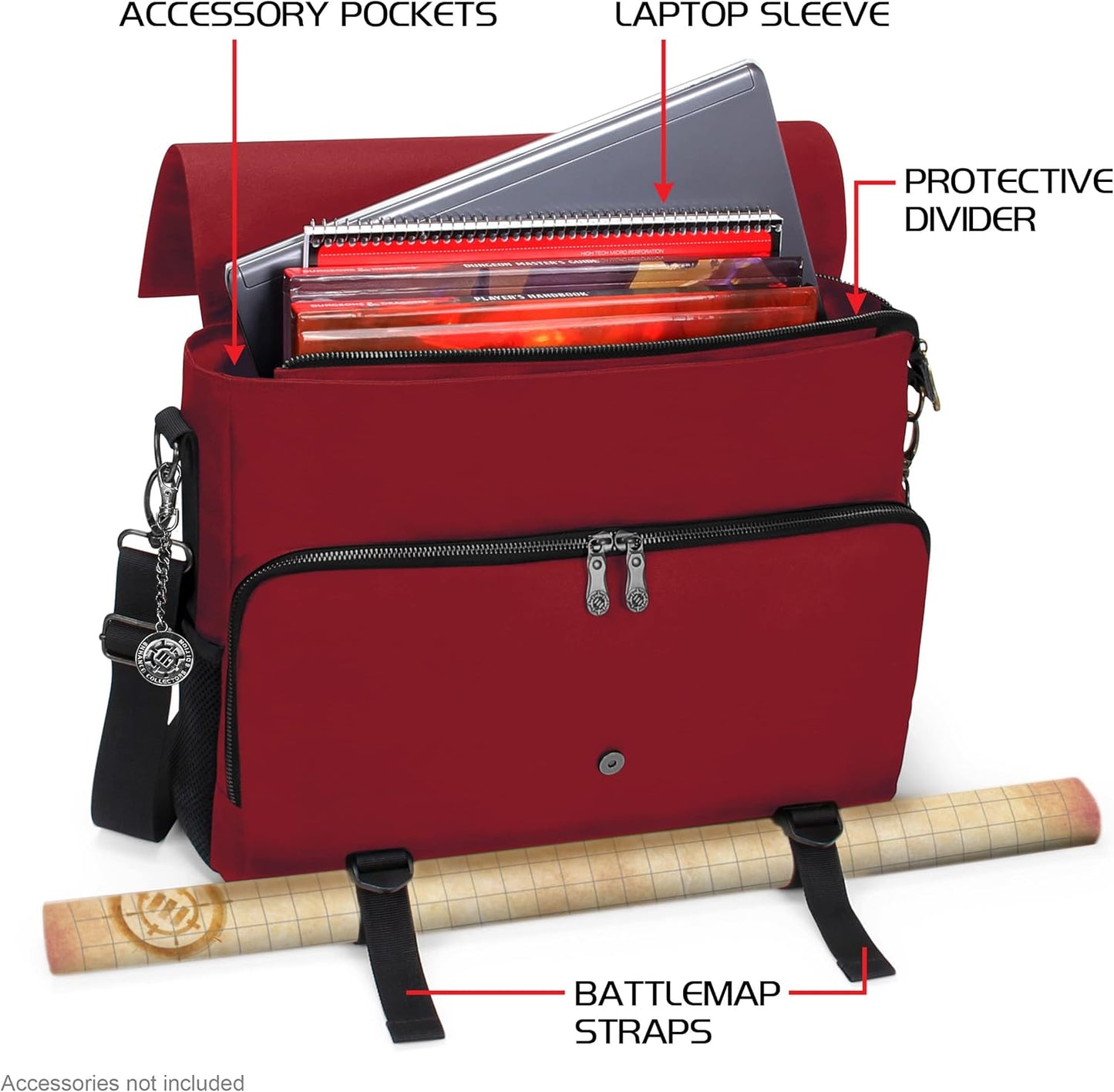 ENHANCE Collector's Edition RPG Player's Essentials DnD Bag - Dragon Hide Exterior Messenger Bag Fits 2-4 Books, Binders, Dice & Accessories, with 17 inch Laptop Slot, Battlemap Straps (Dragon Red)