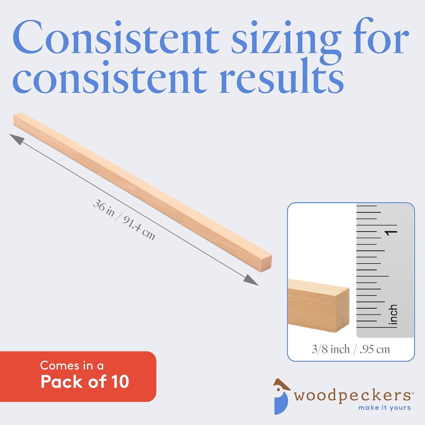 DIY Wooden Square Dowel Rod 3/8-inch x 36 Pack of 10 Hobby Wood Sticks for Crafts, Wood Trim & Architecture Model Making, by Woodpeckers