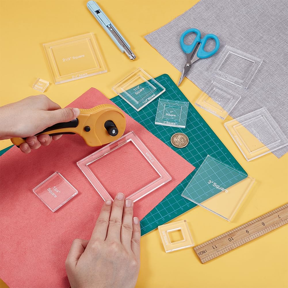 BENECREAT 16 Sizes Square Quilting Template, Acrylic Intricate Sewing Machine Ruler, Transparent Pressure Plate Router Template for DIY Hand Patchwork Cutting Craft, 6mm Thick