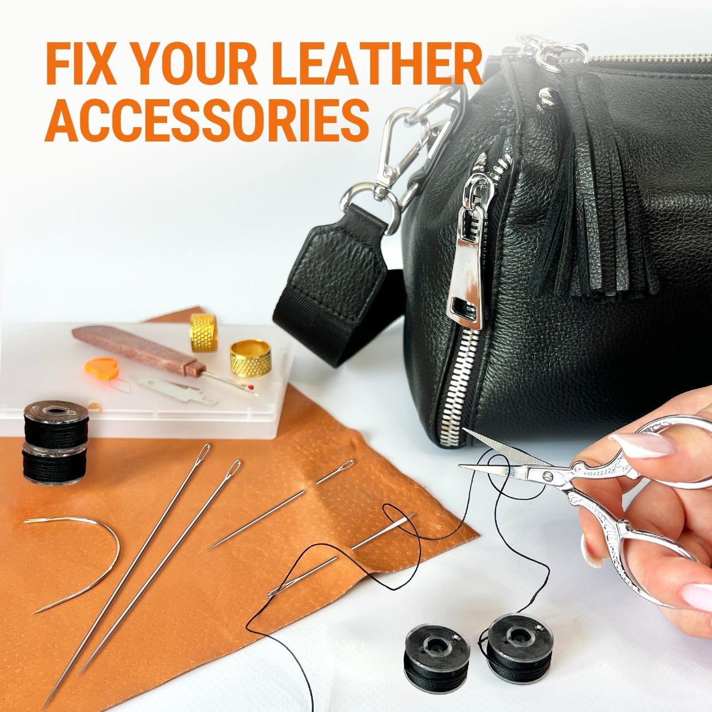 VONEEDL Heavy Duty Sewing Needles (11 PCS) & Waxed Thread (Black Color - 4 Rolls) - Upholstery Repair Kit for Leather, Canvas, Quilting & More