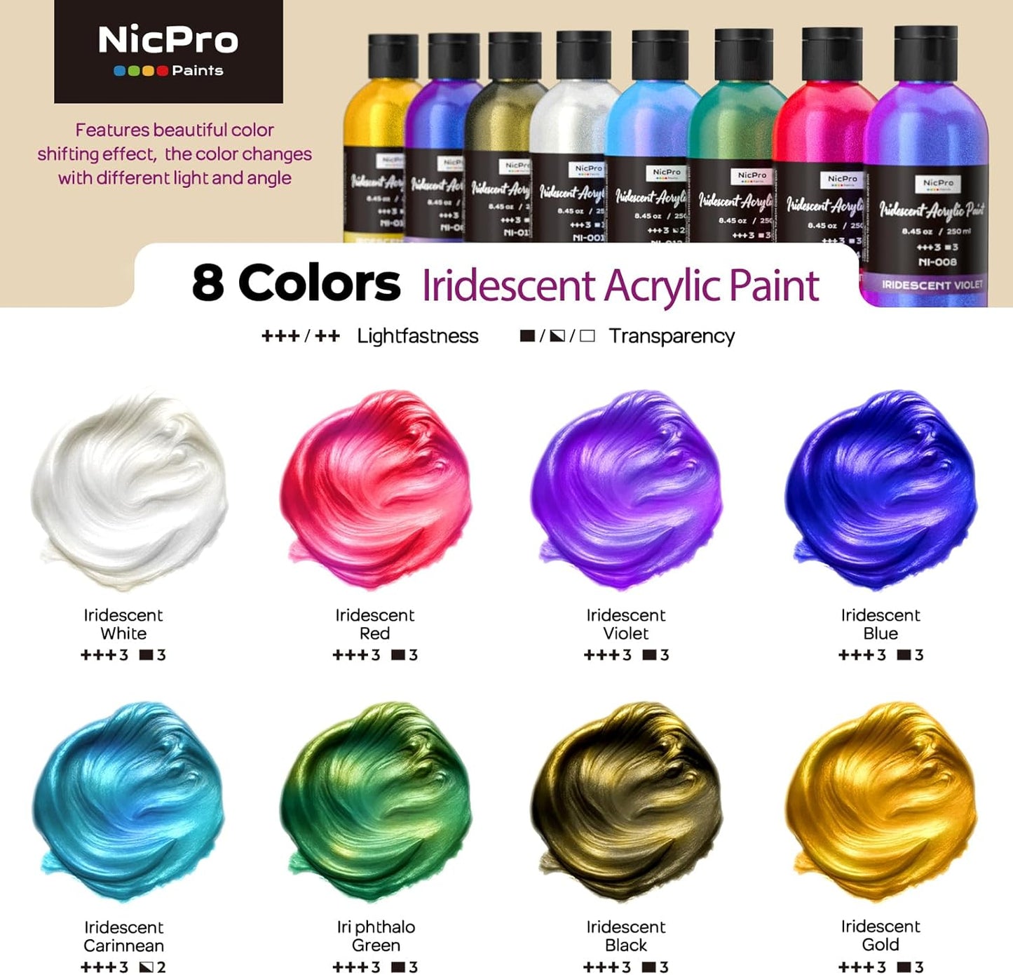 Nicpro 8 Colors Iridescent Acrylic Paint, 8.45oz / 250ml Large Bulk Metallic Acrylic Paint,Color Shifting & Non-Toxic Art Painting Supplies For Canvas Fabric Rock Wood with Color Wheel