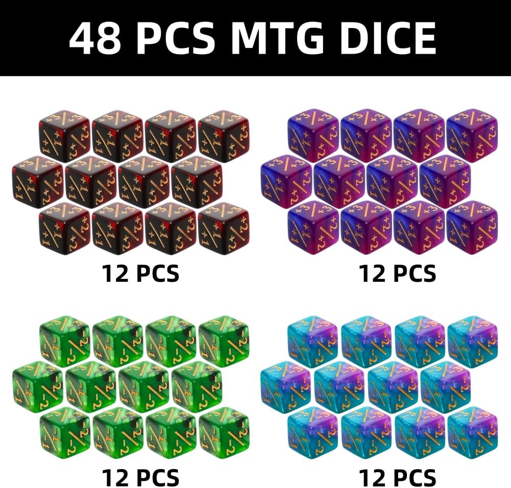 Magic The Gathering Counter Dice Set 48 Pcs D6 MTG Dice Life Counters Tokens Dice for Magic Card Game Accessories with 6 Pcs Drawstring Bags and Dice Tray (Color)