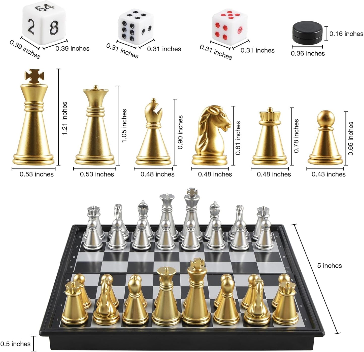 5'' Mini 3 in 1 Chess Checkers Backgammon Set Magnetic Folding Travel Chess Board with Instructions 2 Players for Kids and Adults