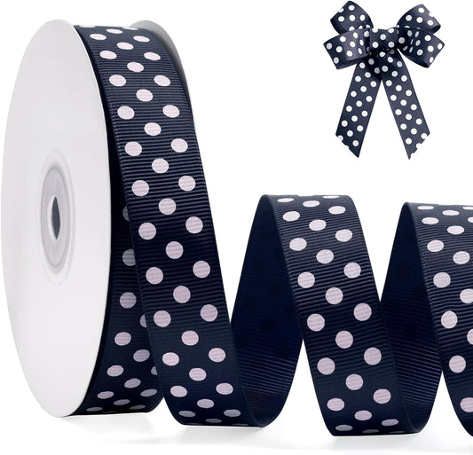 Polka Dot Grosgrain Ribbon 3/4 Inch, 25 Yards Spool Navy Blue and White Dot Craft Ribbon for Christmas Gift Wrapping DIY Crafts Hair Bows Wedding Party Decor Sewing and Home Decoration