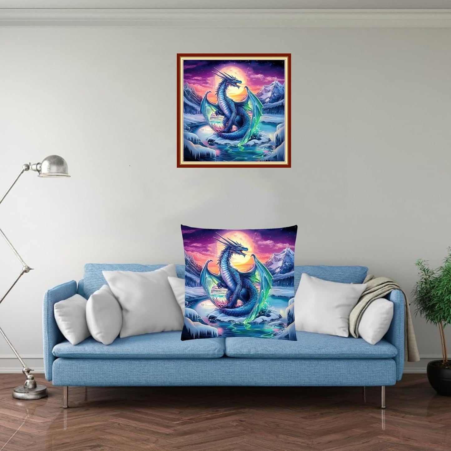 Fanxvivy Stamped Cross Stitch Kits for Adults Beginners Pillow Needlepoint Kit with Embroidery Pattern Needlework Kit Prestamped Stitches Kit 11CT Cross Stitching-Glacier Dragon 18x18 inch