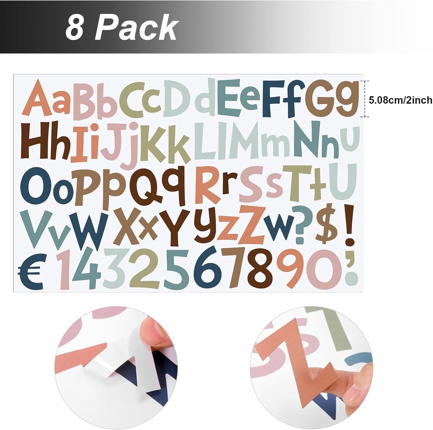 TaoBary 544 Pcs 2 Inch 16 Sheets Large Letter Stickers, Upper and Lower Case, Adhesive Vinyl Alphabet Sticker for Bulletin Board, Poster, Bottle, DIY, Notebook(Black, White, Rainbow, Gray Tone,2 Inch)