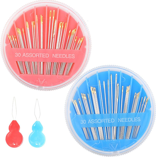 Eketirry 60pcs Premium Hand Sewing Needles, 2 Pack 30-Count Assorted Needles for Sewing Repair, 6 Different Sizes Sewing Needles with 2 Threaders (Pink& Blue,1)